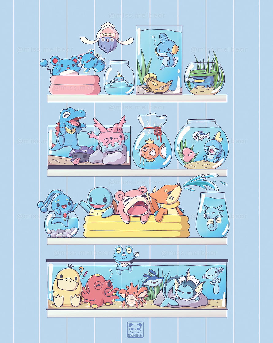 Cute Chibi Pokemon Aquarium Shelf Illustration with Water Type Characters HD phone wallpaper