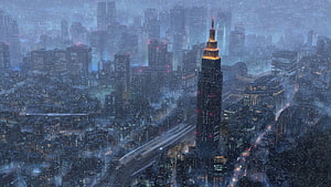 Kimi No Na Wa Futuristic Cityscape at Night with Snowfall and Illuminated Skyscrapers HD wallpaper