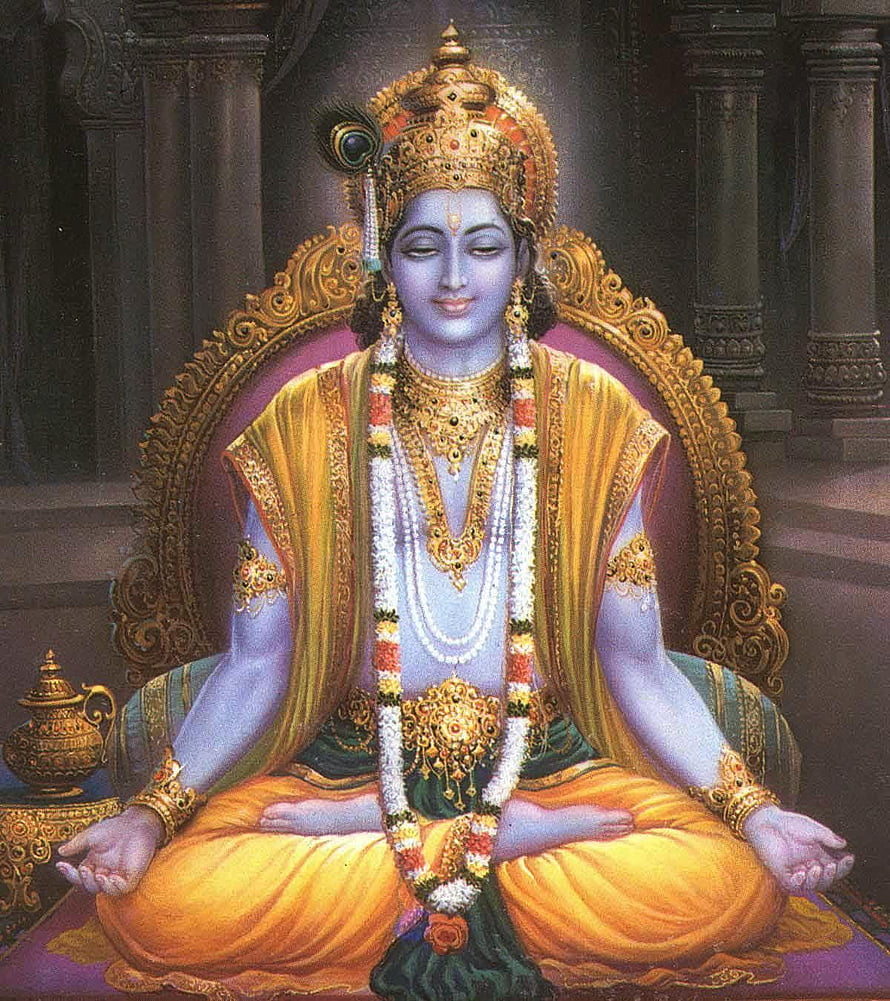 Krishna Virat Roop Divine Portrait in Golden Crown and Yellow Dhoti HD phone wallpaper