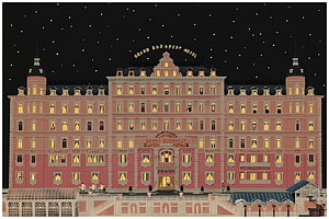Grand Budapest Hotel Nighttime Facade Illustration with Starry Sky and Warm Window Lights HD wallpaper