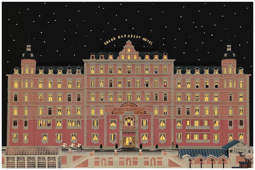 Grand Budapest Hotel Nighttime Facade Illustration with Starry Sky and Warm Window Lights HD wallpaper