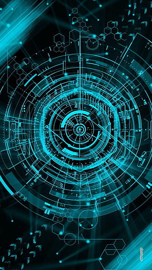 Futuristic Cyan Holographic Interface with Concentric Circles and Hexagonal Patterns HD phone wallpaper