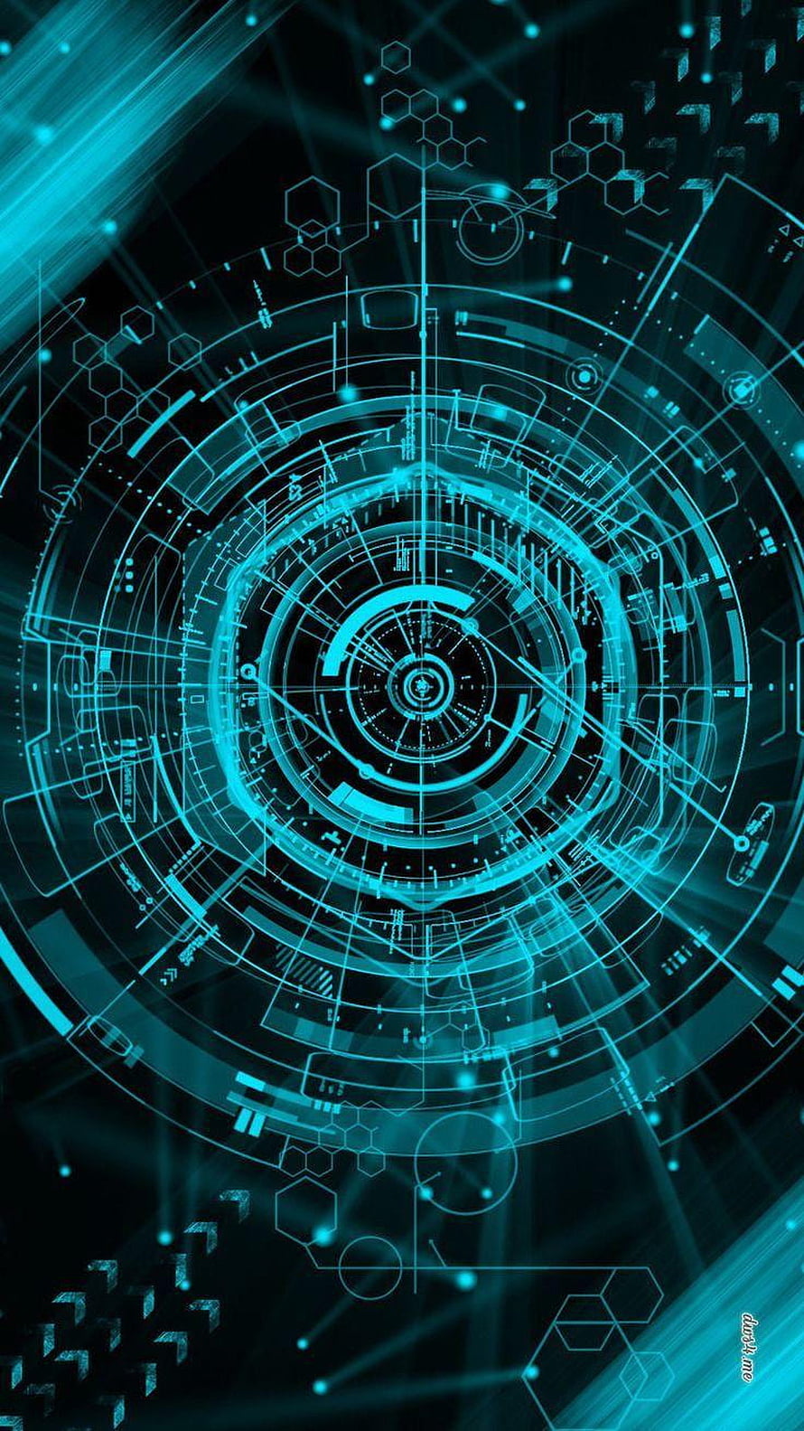 Futuristic Cyan Holographic Interface with Concentric Circles and Hexagonal Patterns HD phone wallpaper