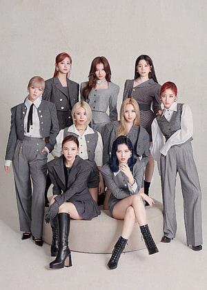 TWICE Eyes Wide Open Concept Photo in Coordinated Grey Tailored Suits HD phone wallpaper