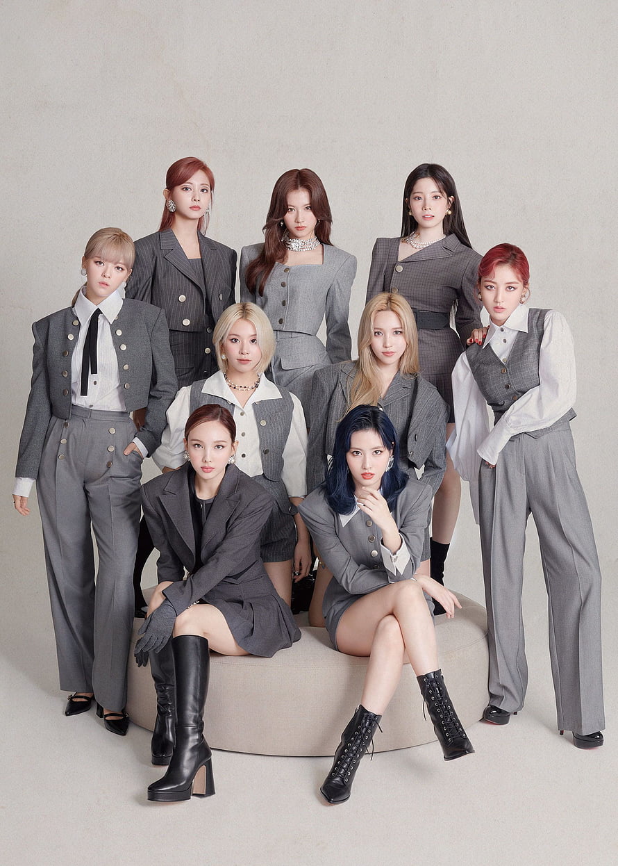 TWICE Eyes Wide Open Concept Photo in Coordinated Grey Tailored Suits HD phone wallpaper