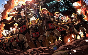 Overlord Anime Crossover Artwork Featuring Armored Soldiers and Giant Mechs in Battle HD wallpaper