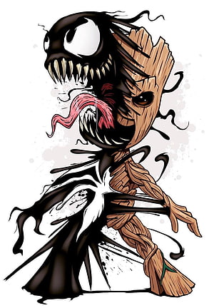 Baby Groot and Venom Split Portrait Illustration HD phone wallpaper