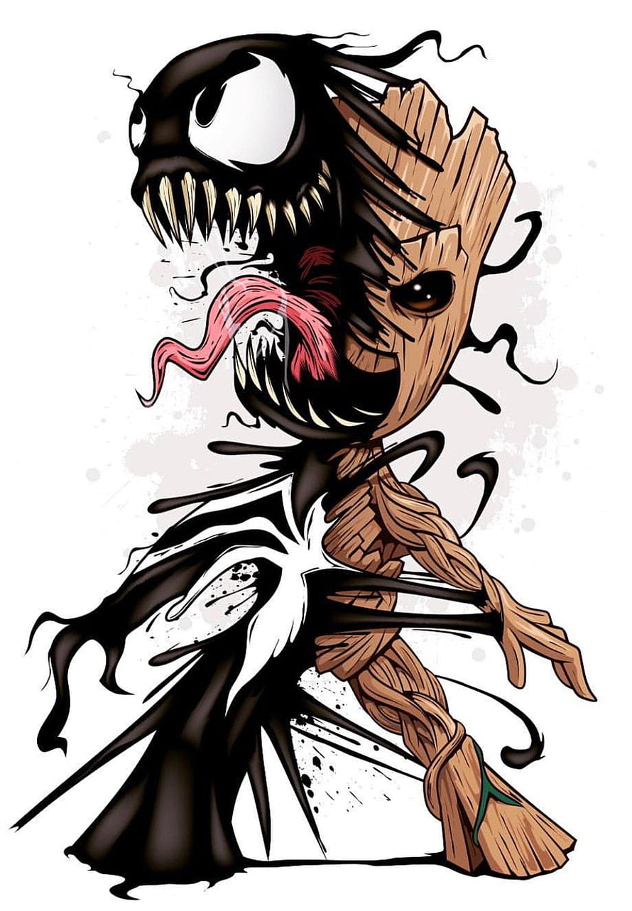 Baby Groot and Venom Split Portrait Illustration HD phone wallpaper