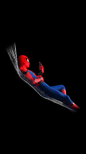 Spider-Man Reclining on a Web While Using a Smartphone Against a Black Background, ✪ AMOLED ! AOD ! Edge …, super amoled HD phone wallpaper