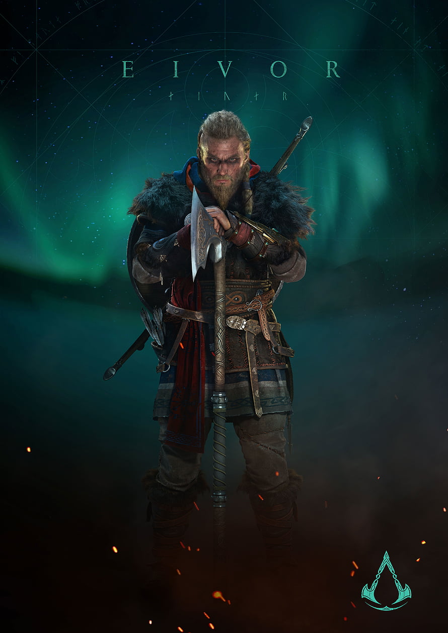 Eivor from Assassin's Creed Valhalla Standing with Axe Under the Northern Lights HD phone wallpaper