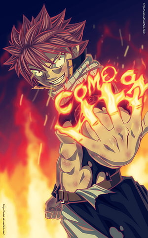 Natsu Dragneel from Fairy Tail channeling intense fire magic with glowing flames HD phone wallpaper
