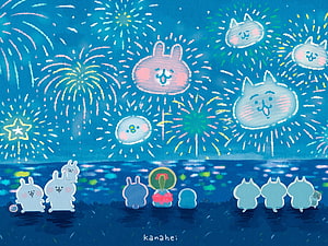 Kanahei Cute Animal Characters Watching Fireworks Over Water at Night HD wallpaper