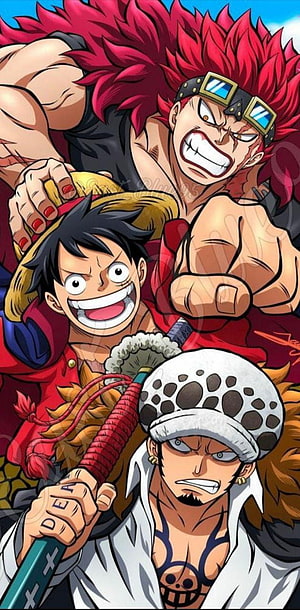 One Piece Anime Trio Featuring Luffy, Kid, and Law in Dynamic Action Pose HD phone wallpaper