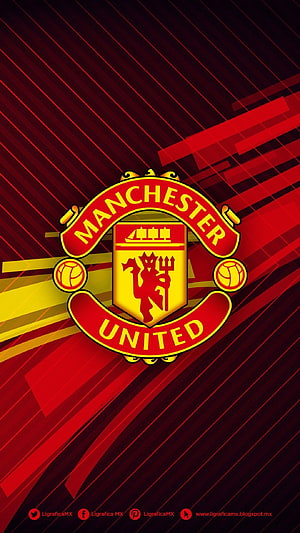 Manchester United FC Official Club Crest on Red and Black Diagonal Striped Background HD phone wallpaper