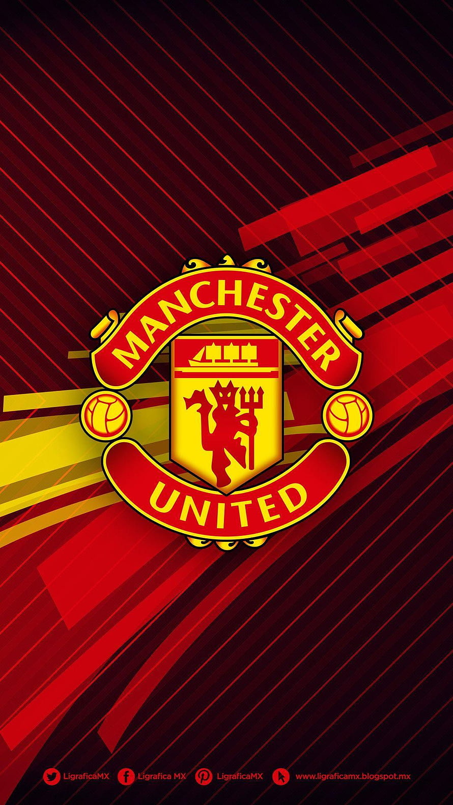 Manchester United FC Official Club Crest on Red and Black Diagonal Striped Background HD phone wallpaper