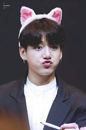 Jungkook from BTS Wearing Pink Cat Ear Headband in Black Suit HD phone wallpaper