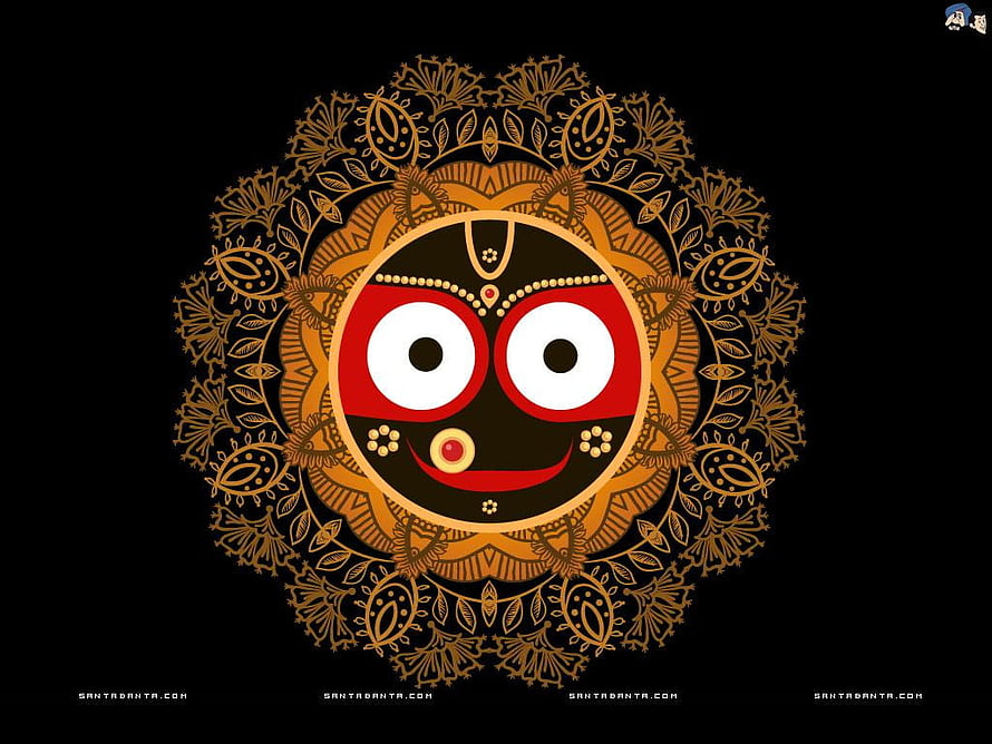 Jagannath deity face with ornate golden mandala pattern on black background HD wallpaper