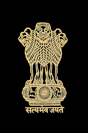 Golden Ashoka Pillar Lion Capital Emblem with Satyamev Jayate Motto on Black Background HD phone wallpaper