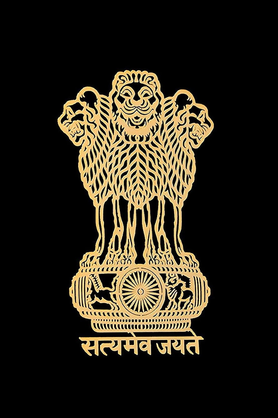 Golden Ashoka Pillar Lion Capital Emblem with Satyamev Jayate Motto on Black Background HD phone wallpaper