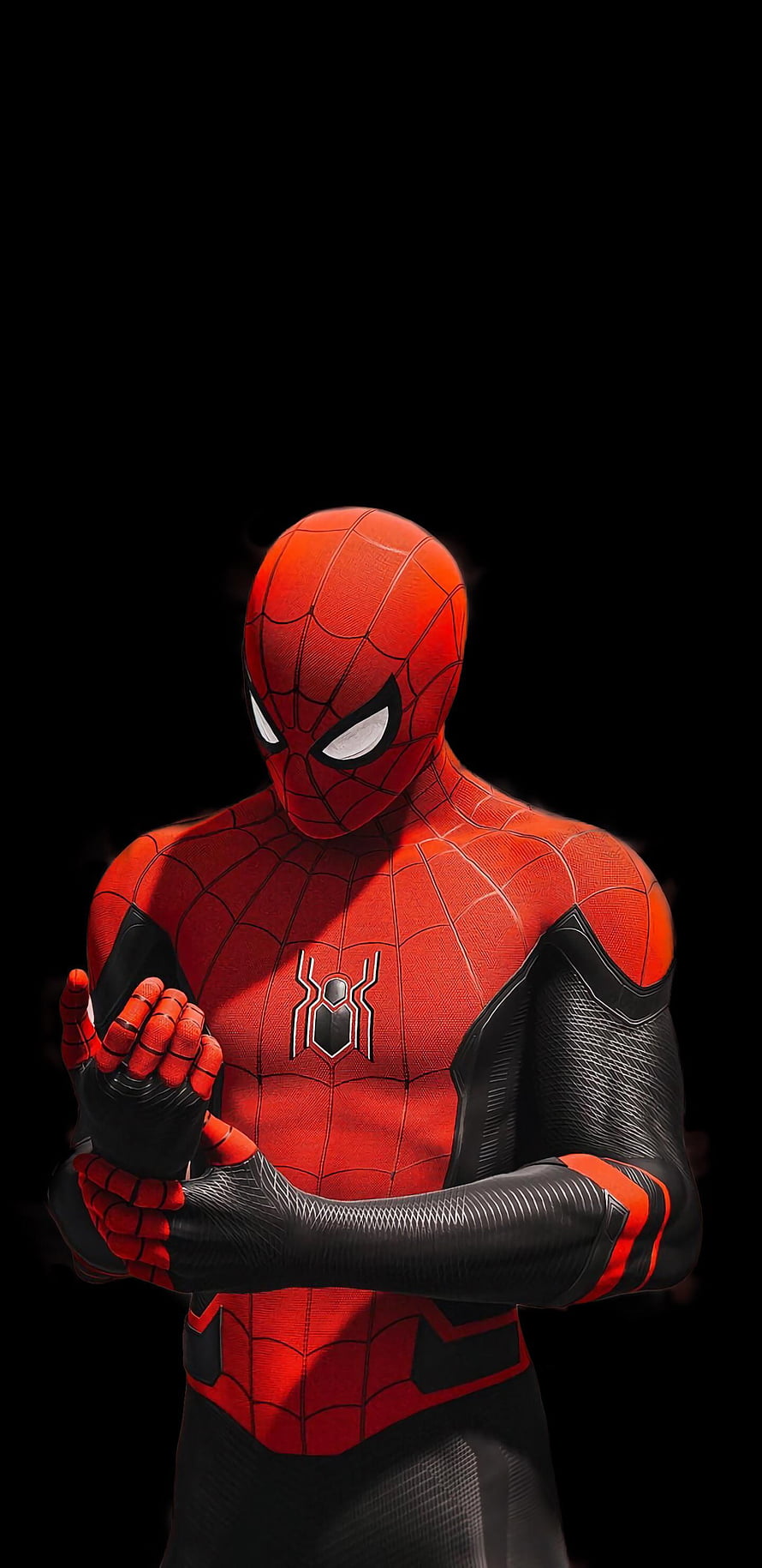 Spider-Man in Advanced Red and Black Suit with Web Pattern on Black Background, spider amoled, #Spider HD phone wallpaper