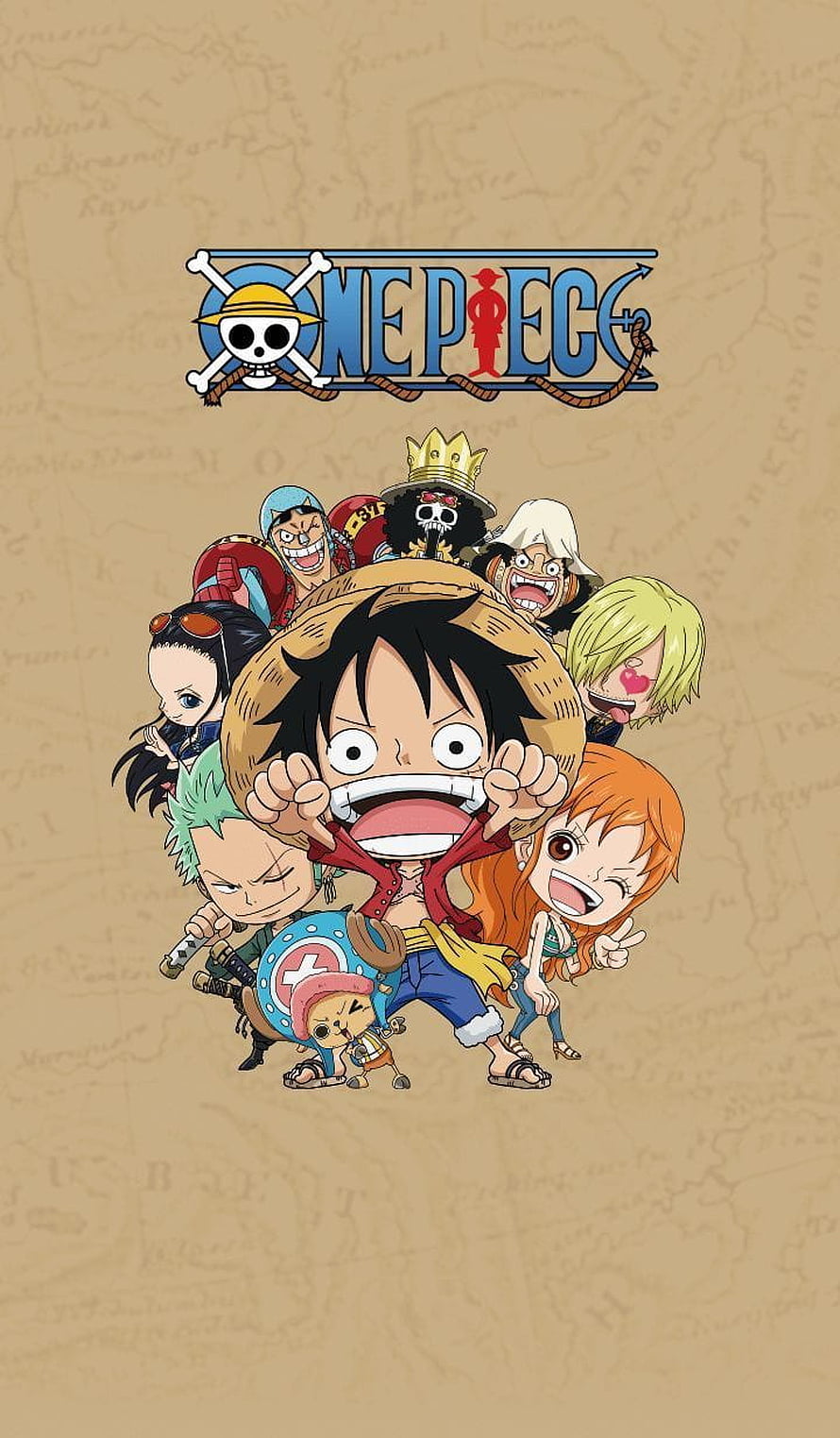 One Piece Chibi Crew Illustration with Luffy and Straw Hat Pirates on Map Background HD phone wallpaper