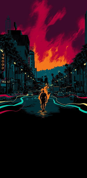 Flaming Figure Walking Through Neon-Lit Hollywood Boulevard at Dusk HD phone wallpaper
