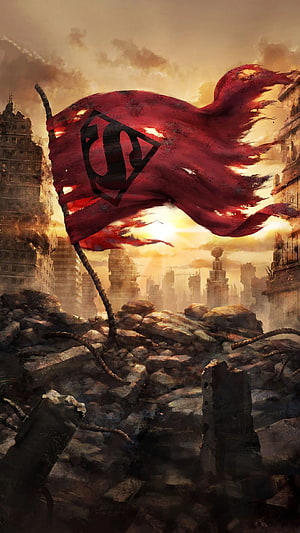 Superman Symbology: Tattered Red Banner Over Post-Apocalyptic Ruins HD phone wallpaper
