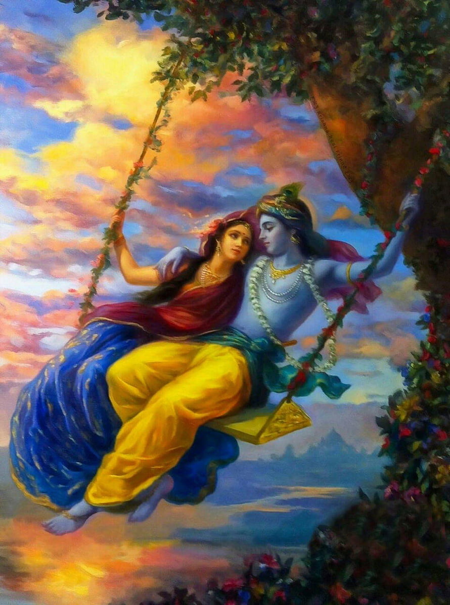 Radha and Krishna on a Floral Swing in a Vibrant Sunset Landscape HD phone wallpaper