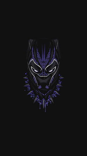 Black Panther Minimalist Mask with Purple Neon Tribal Patterns on Black Background HD phone wallpaper