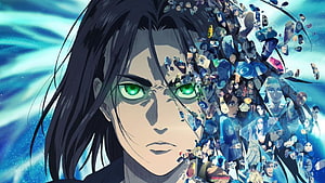 Attack on Titan Season 4 Character Portrait with Fragmented Faces and Green Eyes HD wallpaper