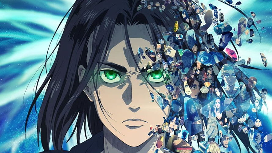 Attack on Titan Season 4 Character Portrait with Fragmented Faces and Green Eyes HD wallpaper
