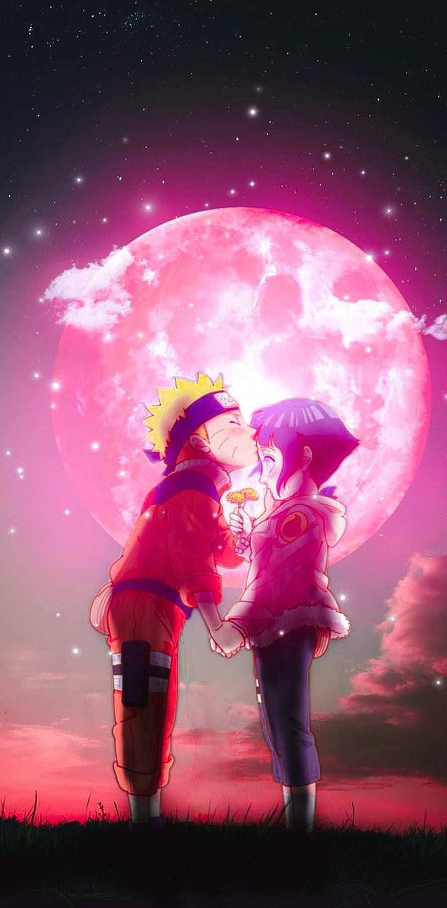Naruto and Hinata sharing a tender moment beneath a glowing pink moon in a starry night sky HD phone wallpaper