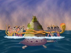 Samudra Manthan: Deities Pulling Mount Mandara on a Giant Turtle in the Ocean HD wallpaper