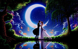 Romantic Cartoon Couple Dancing Under a Giant Crescent Moon in a Dreamy Night Forest HD wallpaper