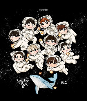 EXO Chibi Astronauts Floating in Space with Stars and a Blue Whale HD phone wallpaper
