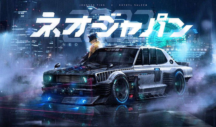 Cyberpunk Neo Japan 2099 Custom JDM Sedan in Rainy Night City HD wallpaper