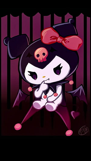 Kuromi in a Dark Gothic Style with Bat Wings and a Skull Emblem HD phone wallpaper