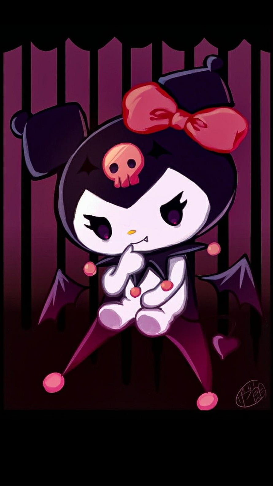 Kuromi in a Dark Gothic Style with Bat Wings and a Skull Emblem HD phone wallpaper