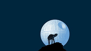 Star Wars AT-AT Walker Silhouette Against the Death Star in a Minimalist Blue Scene HD wallpaper