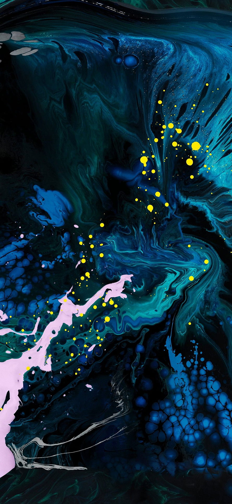 Vibrant Liquid Abstract Art with Swirling Blue, Teal, and Yellow Paint Splatters on Dark Background HD phone wallpaper