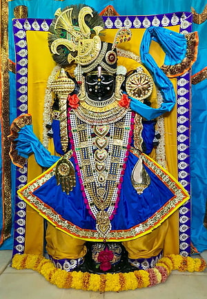 Dwarkadhish Krishna adorned in ornate gold jewelry and vibrant blue ceremonial attire HD phone wallpaper