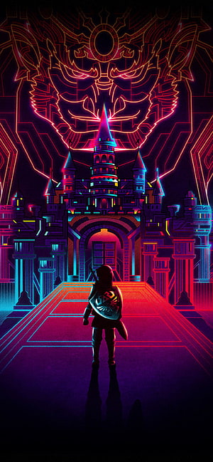 The Legend of Zelda Neon Castle with Guardian Mask and Knight Silhouette HD phone wallpaper