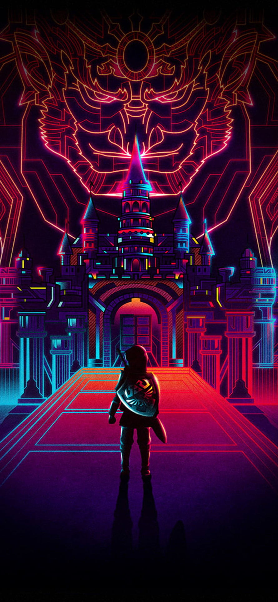 The Legend of Zelda Neon Castle with Guardian Mask and Knight Silhouette HD phone wallpaper