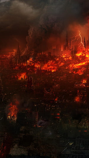 Apocalyptic Cityscape Enveloped in Flames and Dark Storm Clouds HD phone wallpaper