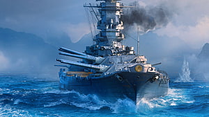 Yamato Battleship Charging Through Rough Seas With Smoke Billowing HD wallpaper