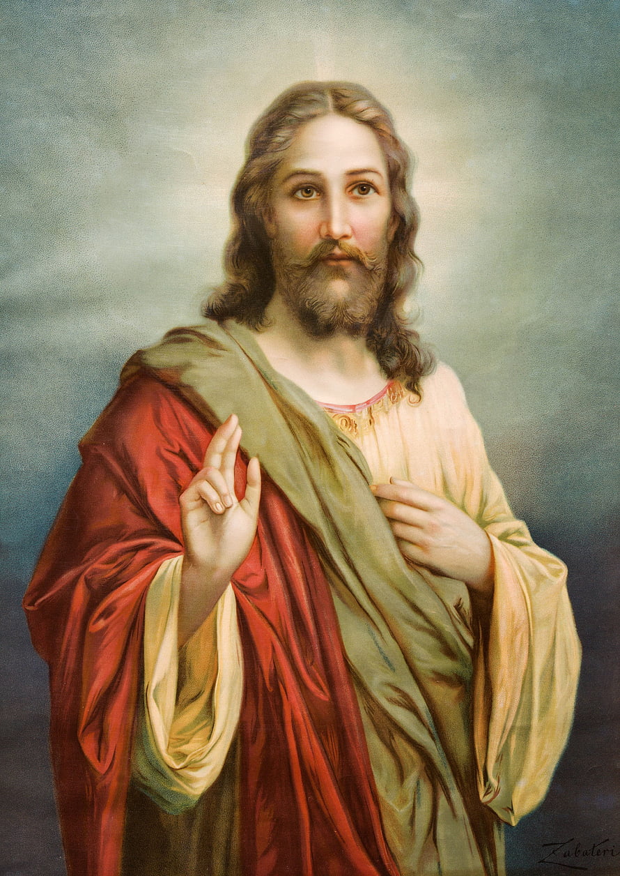 Classic Religious Portrait of Jesus Christ in Red and Gold Robes with Blessing Gesture HD phone wallpaper
