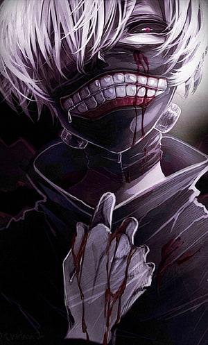 Dark Anime Villain Portrait with Blood-Stained Grin and White Hair HD phone wallpaper