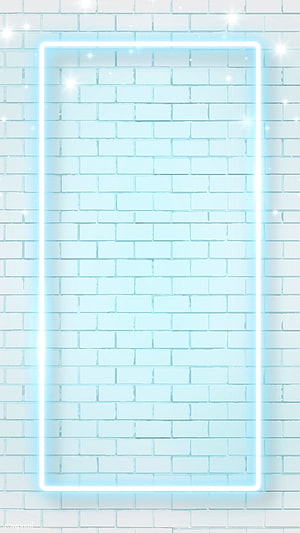 Glowing Blue Neon Rectangle Frame on White Brick Wall with Sparkling Light Effects HD phone wallpaper