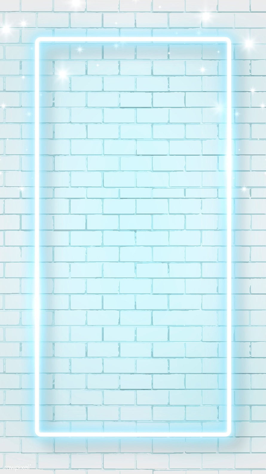 Glowing Blue Neon Rectangle Frame on White Brick Wall with Sparkling Light Effects HD phone wallpaper