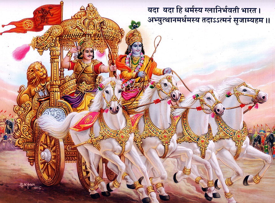 Krishna and Arjuna on the Chariot in the Mahabharata Epic HD wallpaper